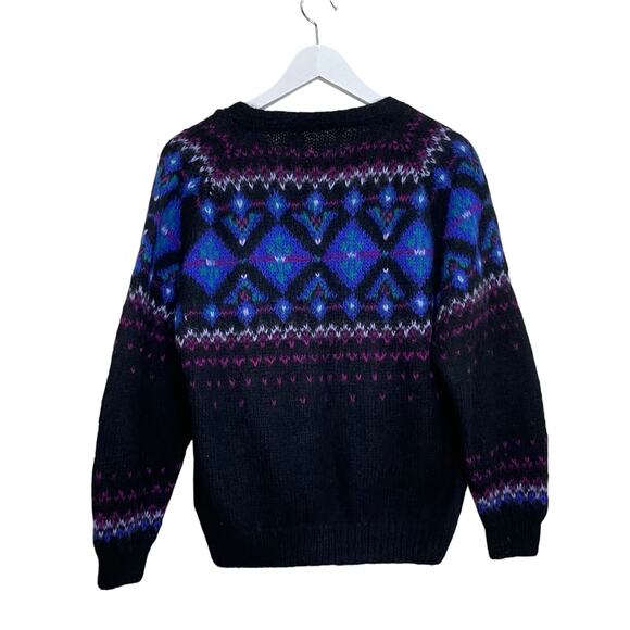 Vintage L.L. Bean Women's Size S Black Mohair-Nylon Fair Isle Cardigan Sweater - Picture 2 of 10